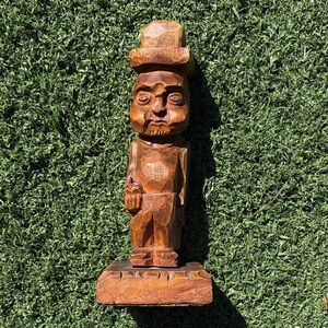 Vintage Hand Carved Wooden Folk Art Statue - Man Holding an Apple wearing a hat